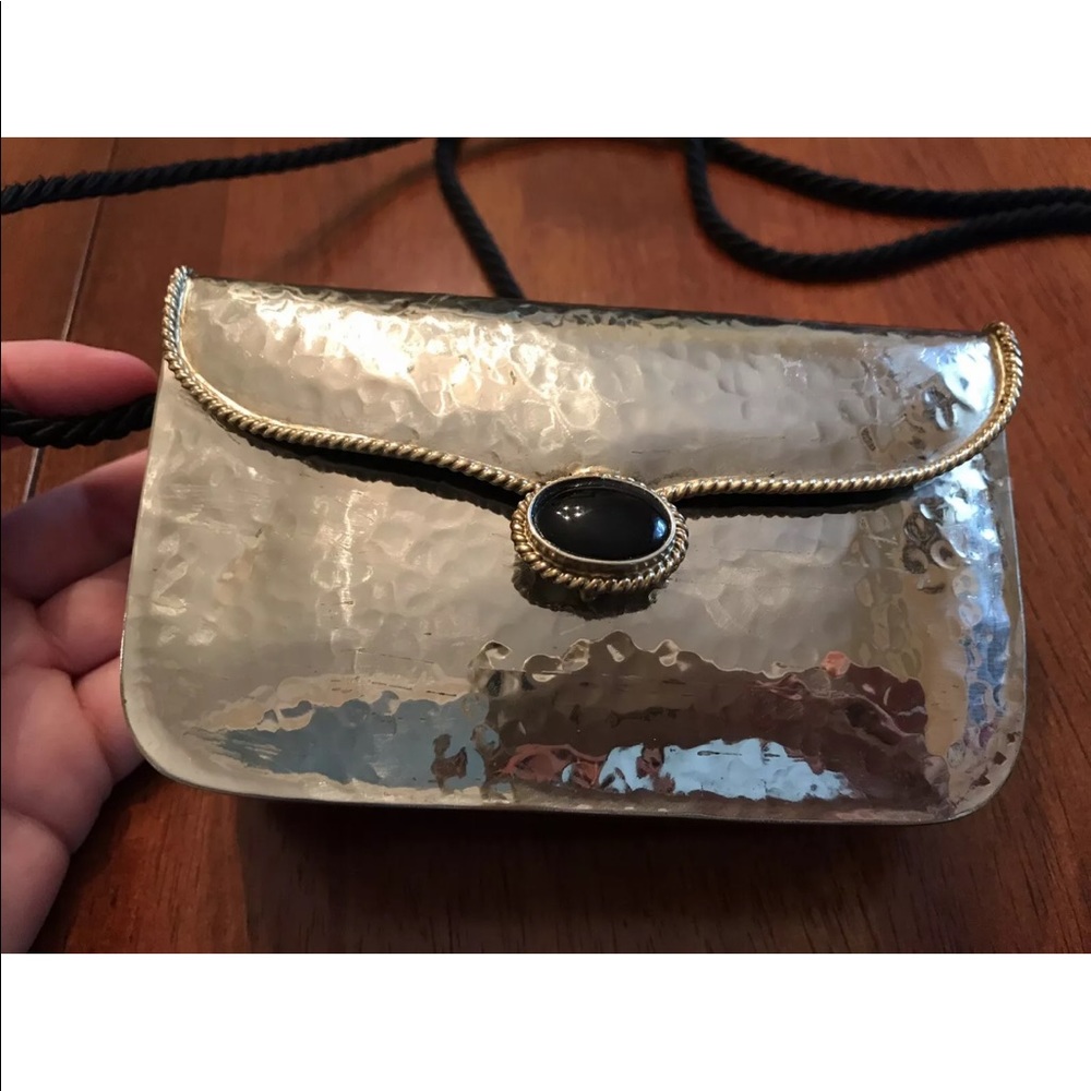 Silver Metal Box Clutch Purse Handbag Onyx Clasp Vintage Unique Black Stone